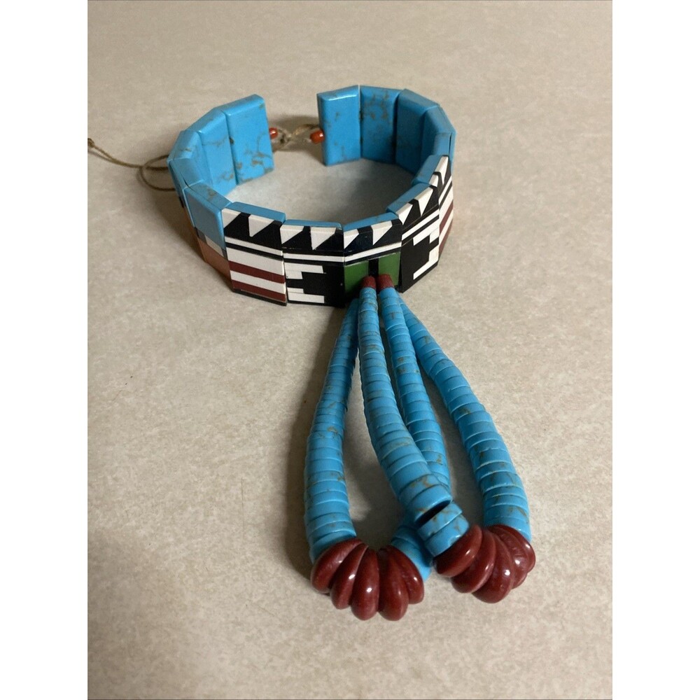 Vintage Native American Style Mosaic Inlay Block Choker With 2x Turquoise Jaclas